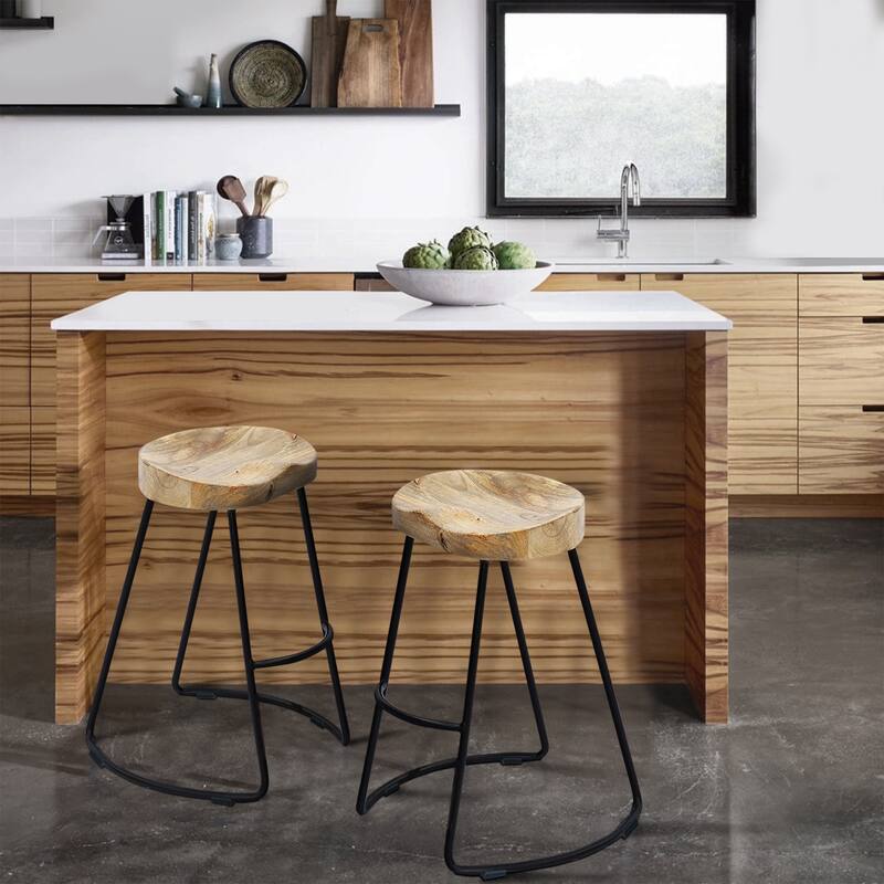 Ela 30 Inch Mango Wood Industrial Barstool, Saddle Seat, Iron Frame, Set of 2, Brown, Black