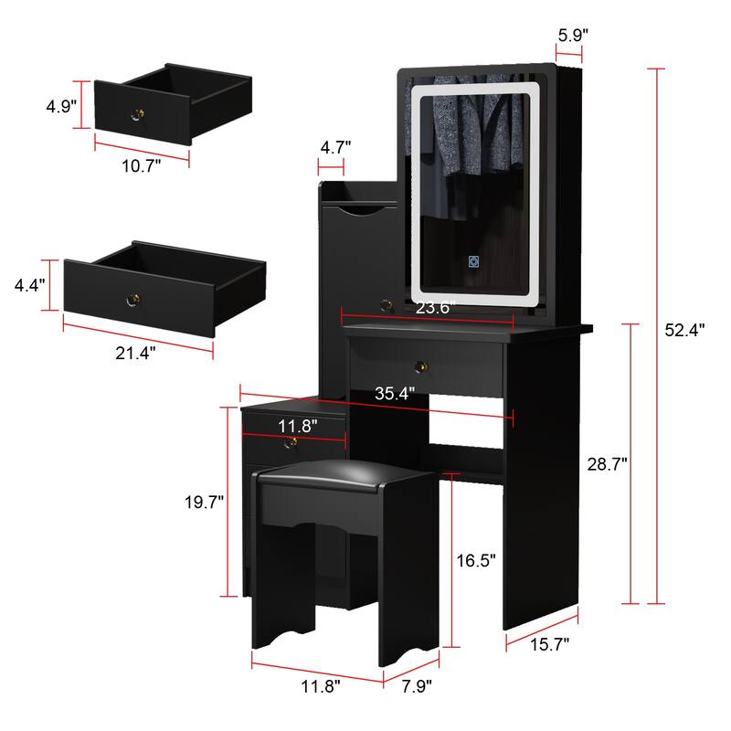 4-Drawer Makeup Organizer Vanity Table Set with LED-lit Mirror Dresser