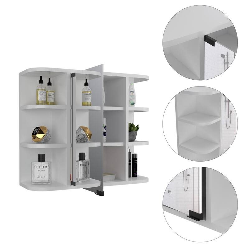 6-Shelf Medicine Cabinet with Mirror Panel Door, 3 Open Shelves on Each Side for Bathroom or Living Room Storage