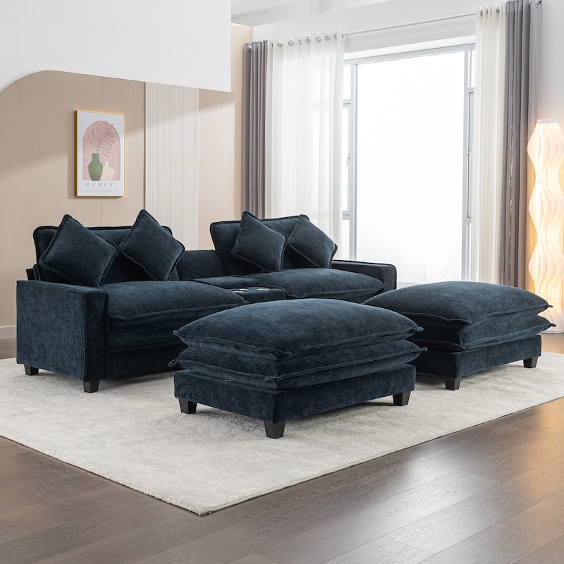 111" Chenille Sectional Sofa Set with USB Ports & Cup Holders, Oversized Chaise Lounge Modular Loveseat with 2 Ottomans