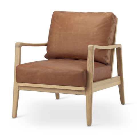 Raeleigh Cognac Brown Genuine Leather w/ Light Brown Solid Beechwood Frame Accent Chair - 27.9"W x 34"D x 34.4"H