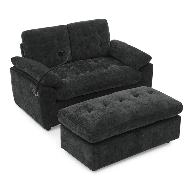 Double Recliner Chair with Adjustable Backrest, Storage Ottoman, USB Port & Phone Stand