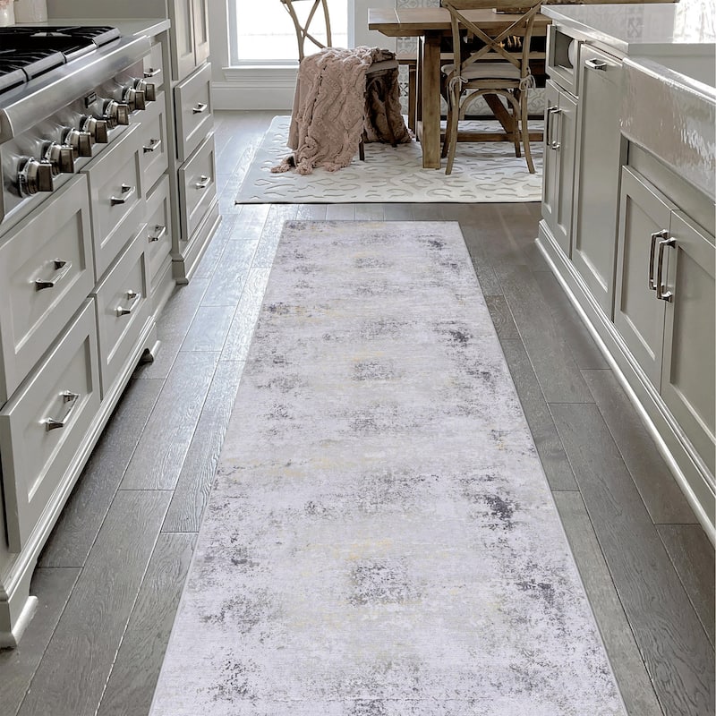 LOOM & LUXE 2'6"X10' Gray/Gold Washable Runner Rug - 120" D x 30" W x 0.14" H