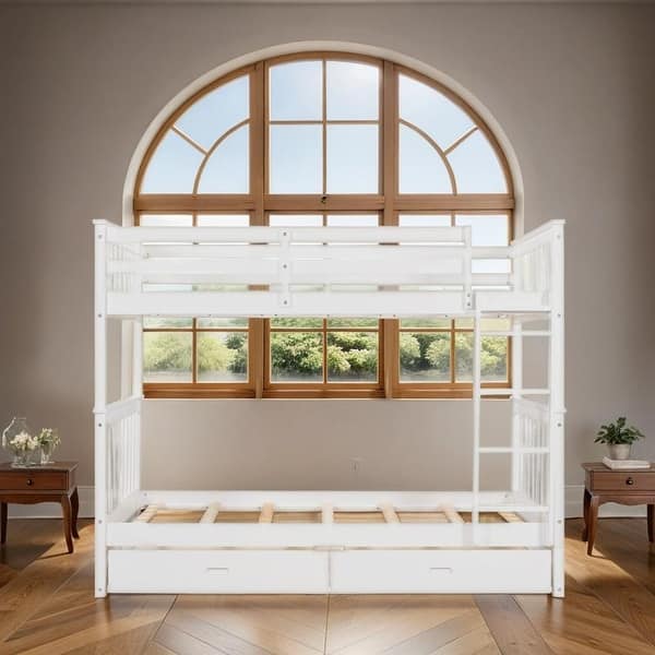 slide 2 of 12, Twin-Over-Twin Bunk Bed with Ladders and Two Storage Drawers White