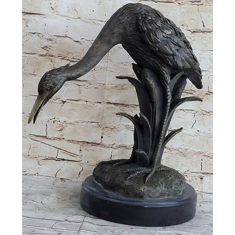 Heron Egret Water Bird Crane Bronze Metal Statue Sculpture Signed Art Marble Base