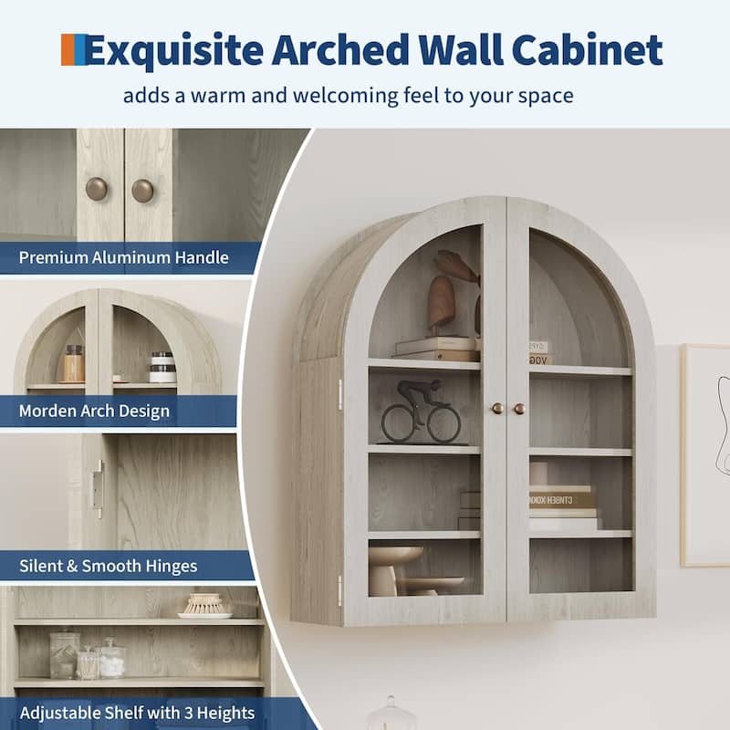 Arched Wall Cabinet, Small Wall-Mounted Bathroom Medicine Cabinet with Glass Doors & Adjustable Shelves