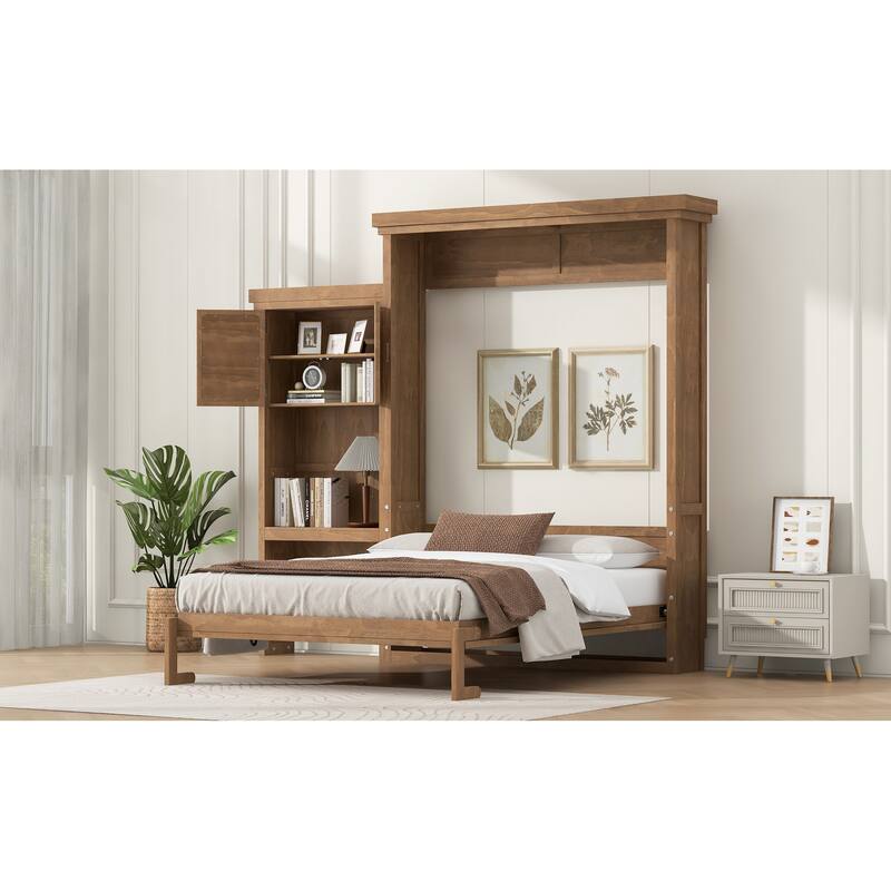Queen Size Murphy Bed Convertible Louvered Style Cube Cabinet Foldable Platform Bed with Side Storage Bookcase Cabinet Shelves