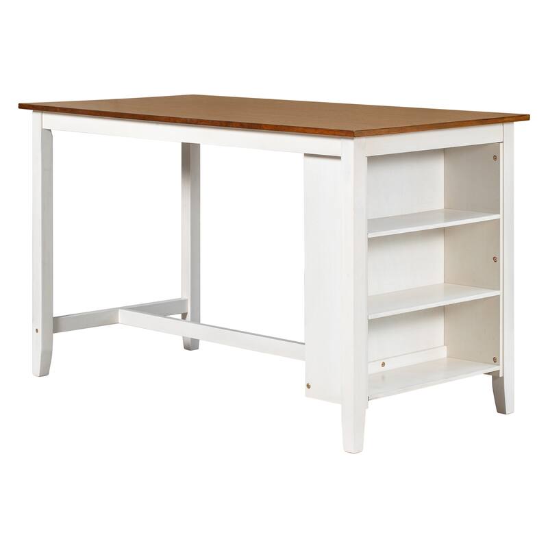 Rustic Farmhouse Counter Height Dining Table and Chair Sets Wooden Bar Table Set with 3-Tier Side Storage Racks for Kitchen
