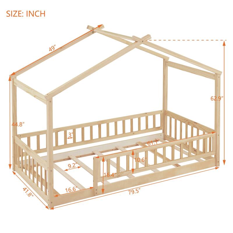 Natural Twin Size House Bed with Storage Space and Roof for Boys and Girls