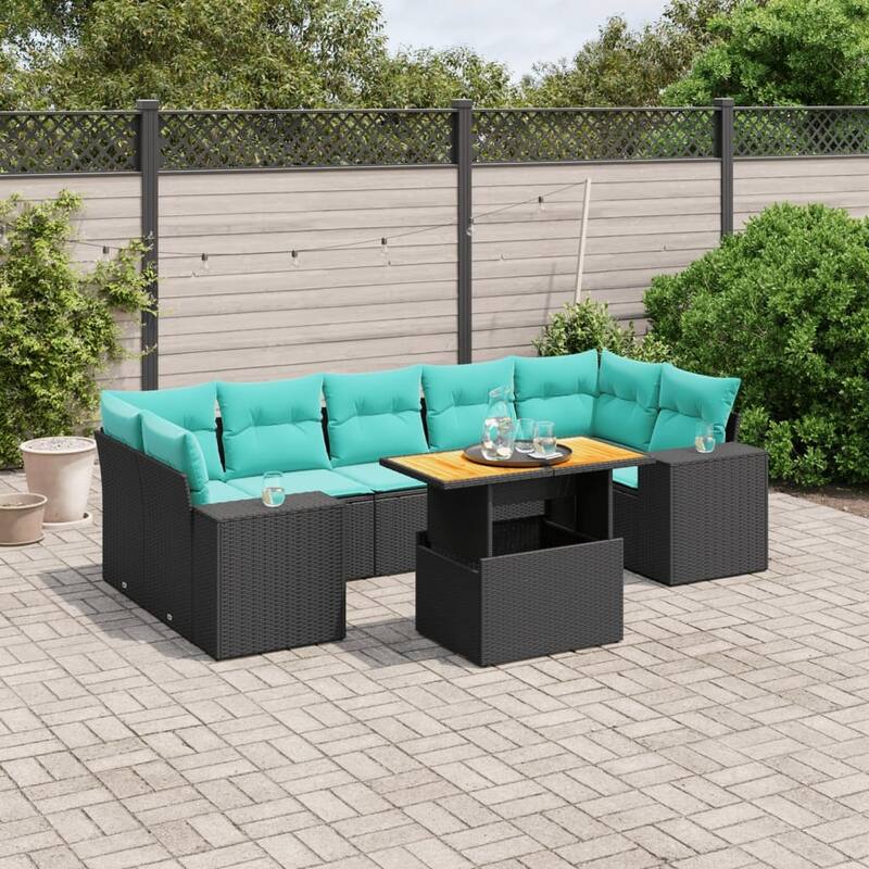 vidaXL Patio Sofa Set with Cushions Outdoor Furniture 8 Piece Poly Rattan - 24.4 x 24.4 x 27.2 - Black