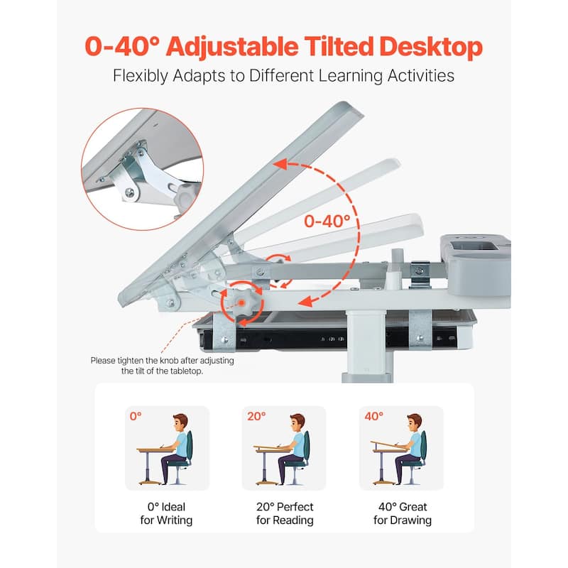 Grey Height Adjustable Kids Chair and Desk Set with Lamp and Tilted Desktop - 27.56 x 20.08 x (20.87 - 27.95) in