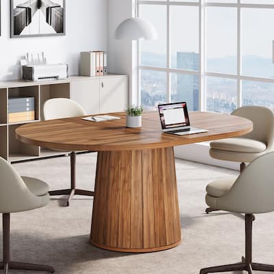 55.11 Inch Brown Wood Oval Conference Table with Wood Base for 6 People
