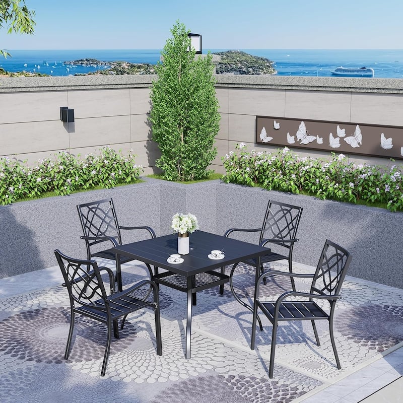 60" x 37" Outdoor Patio Rectangular Metal Slatted Dining Table with Umbrella Hole for 6 Person
