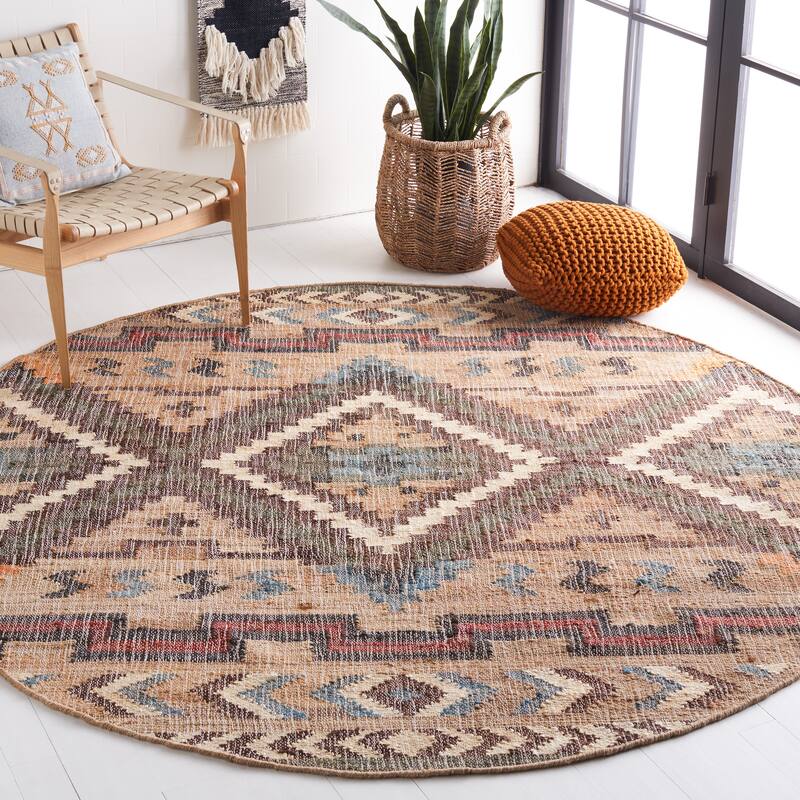 SAFAVIEH Flatweave Kilim Herna Jute Rug - 5' Round - Natural/Blue