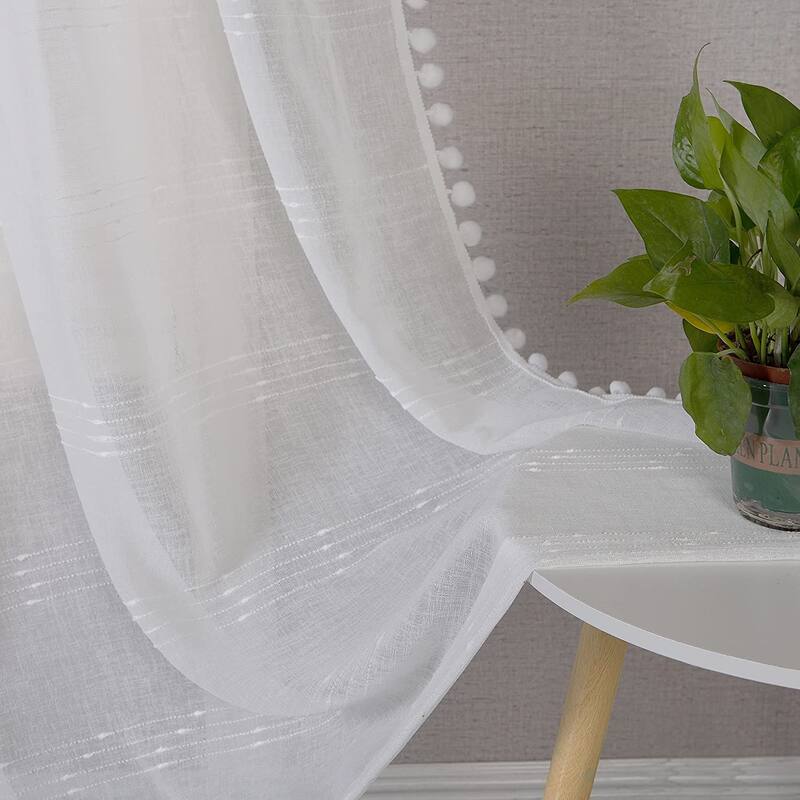 DriftAway Laura Pom Pom Sheer Window Curtain Panel Pair
