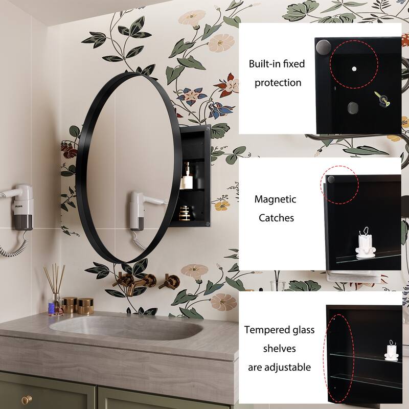 31.5 Inch Surface Mount Round Metal Framed Medicine Cabinet with Mirror and Adjustable Shelves Black Wall Mirror with Storage