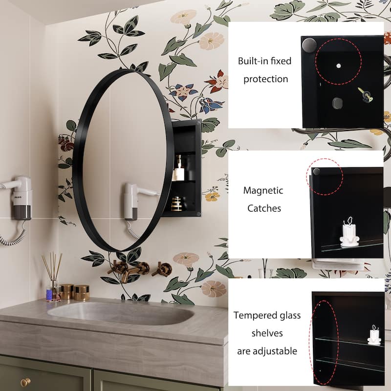 Round Metal Framed Wall Mounted Bathroom Mirror Cabinet, 31.5 Inch Surface Mount Medicine Cabinet with Storage