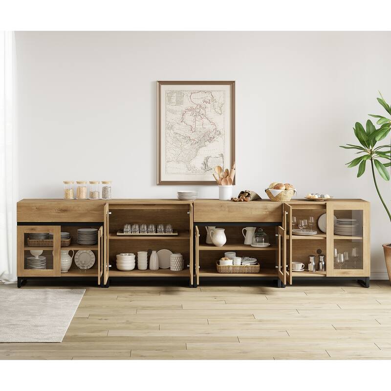 4-in-1 Multifunctional Sideboard Buffet with Glass Doors, 2 Drawers & Metal Base, Modern Coffee Bar Cabinet for Kitchen Storage.