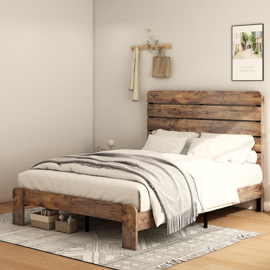 Queen Bed Frame with Headboard, Under Bed Storage, Dark Brown