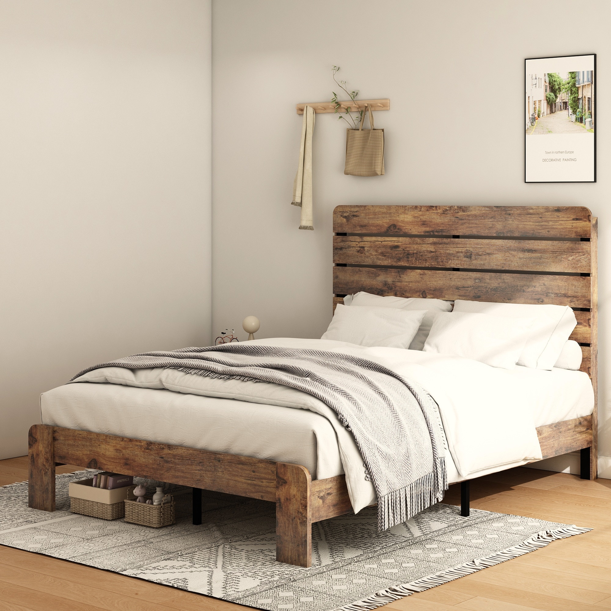 Queen Bed Frame with Headboard, Under Bed Storage, Dark Brown