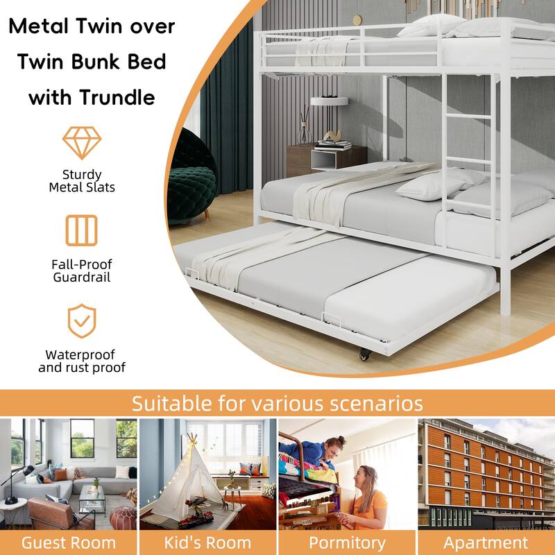 Queen Size Iron Bunk Bed with Safety Rails, Trundle, and Modern Minimalist Design
