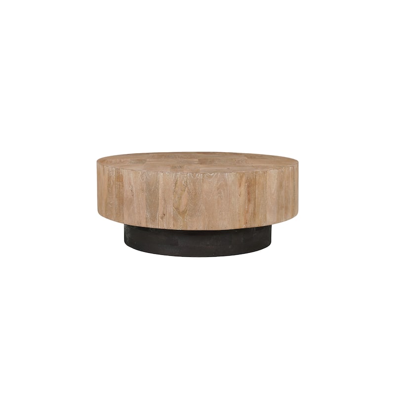 Caden Round Solid Wood Coffee Table with Geometric Top - Brown