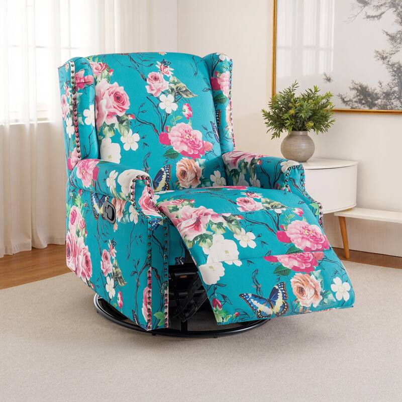 29'' W Pattern Floral Swivel Manual Push Back Recliner Glider Chair