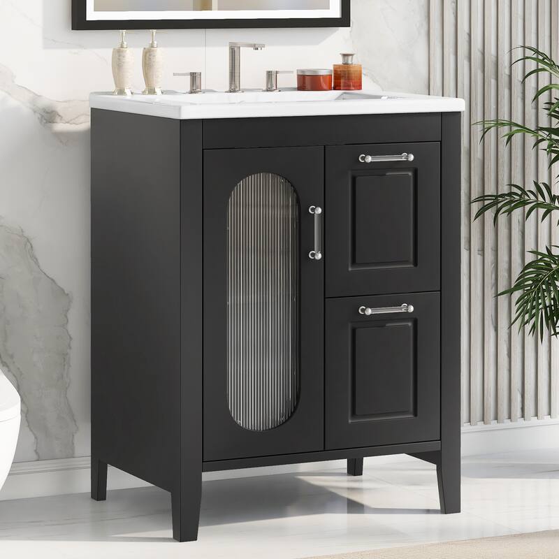 Freestanding Vanity for Bathroom with Ceramic Sink, Glass Cabinet Door, Drawers, Acrylic Bar Handles and Adjustable Shelf