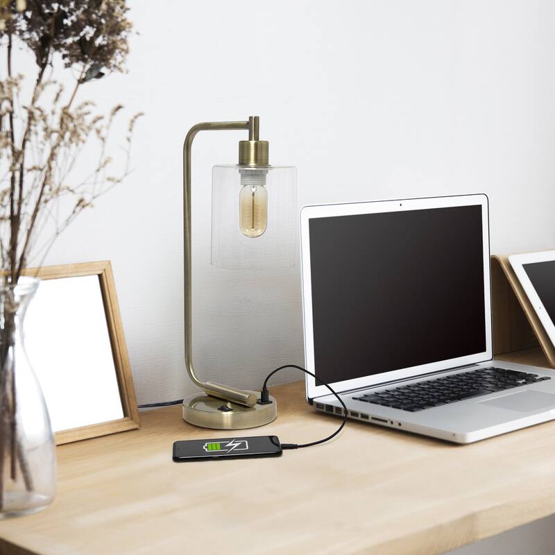 Simple Designs 18.8" Iron Lantern Desk Table Lamp with USB Port, Antique Brass, With LED Bulb