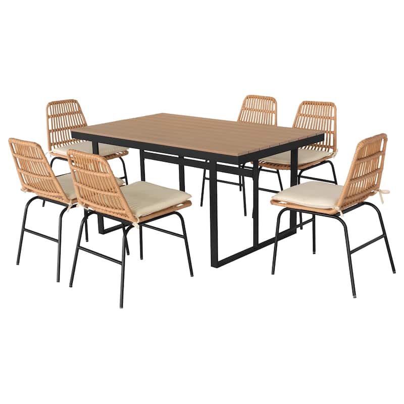 7 piece Outdoor Dining Set, Glass Table with Woven Chairs for Patio, Balcony & Garden - 26.77"L x 20.87"W x 31.1"H