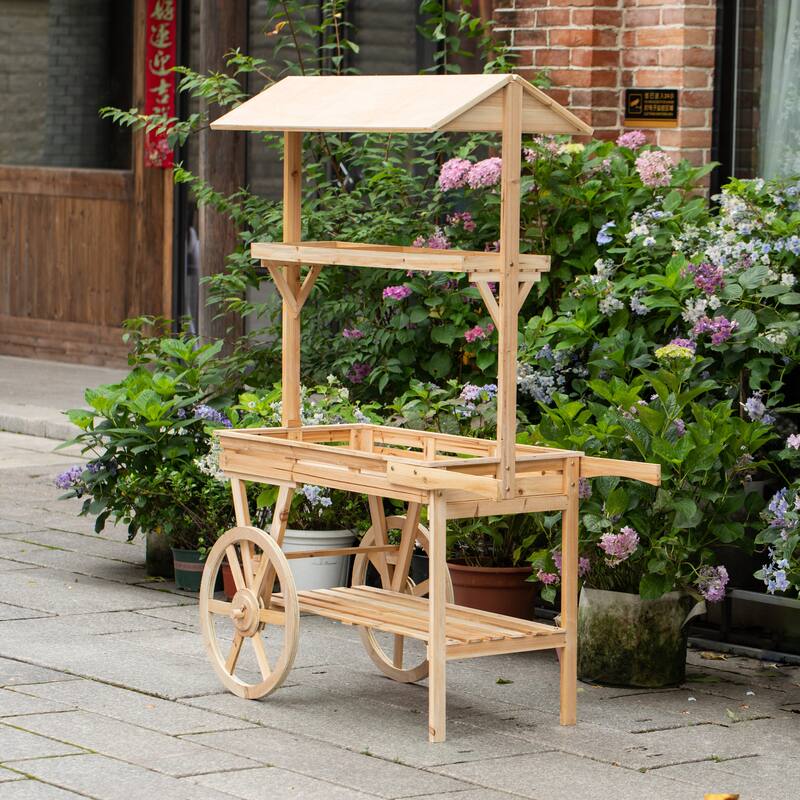 Wooden Rolling Table Cart with 2 Wheels Wagon with Shelves for Display Rack