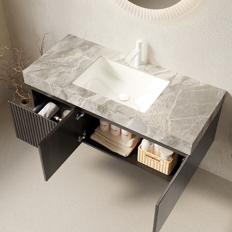Floating Bathroom Vanity with Sintered Stone Top & Undermount Ceramic Basin with Single Pre-drilled Faucet Hole