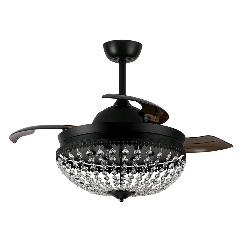 42" Black Retractable 3-Blade Crystal Chandelier Ceiling Fan with Remote