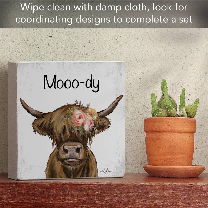 Mooo-dy Artistic Freestanding Solid Wood Block Sign Made in the USA 3.75” Square Decorative Accent for Home or Office - Multi