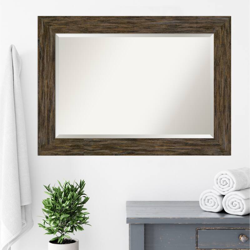 Beveled Wood Bathroom Wall Mirror - Fencepost Brown Frame