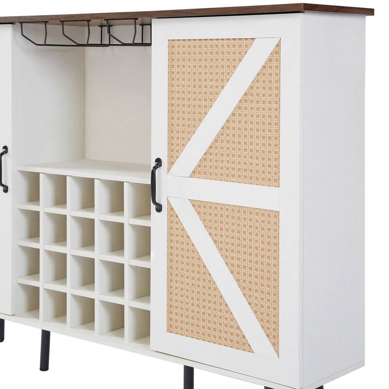 Rattan Barn Door Wine Cabinet with Wine Rack and Wine Glass Rack, Double Door Buffet Cabinet with Removable Shelves