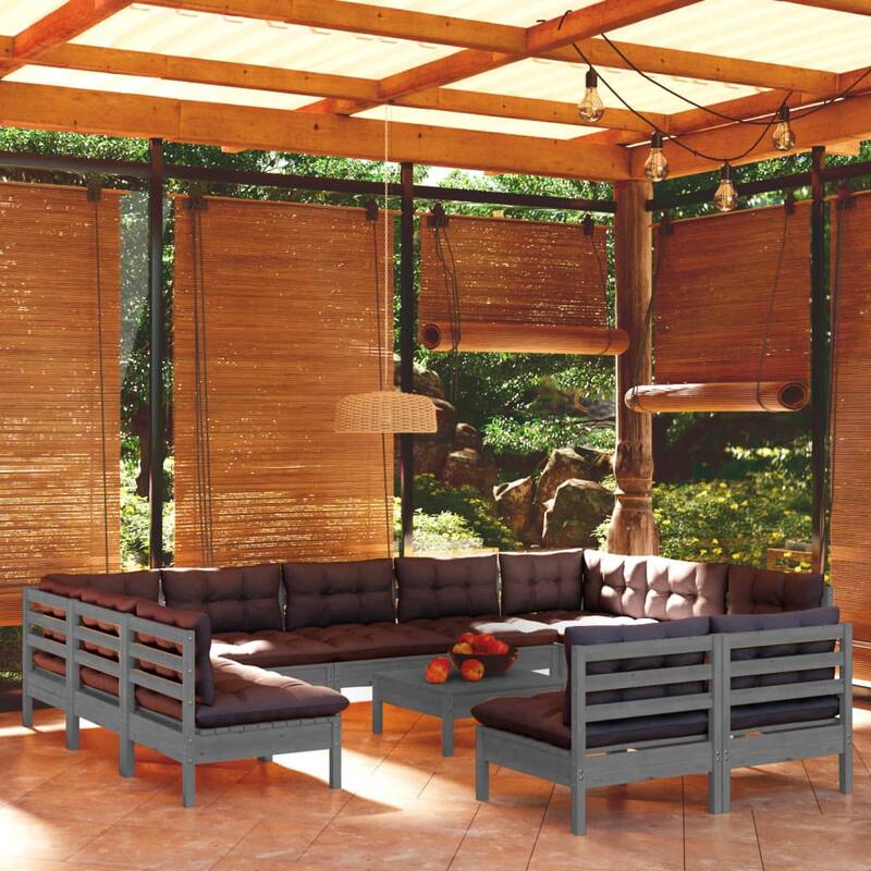 vidaXL Solid Pinewood Patio Lounge Set 12 Piece with Cushions Multi Colors - Grey