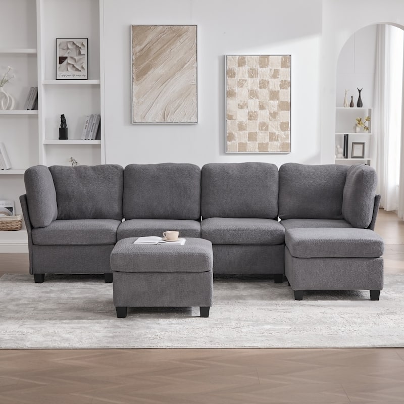 Freely Combinable Convertible Modular Sectional Sofa with Storage Ottomans - Grey