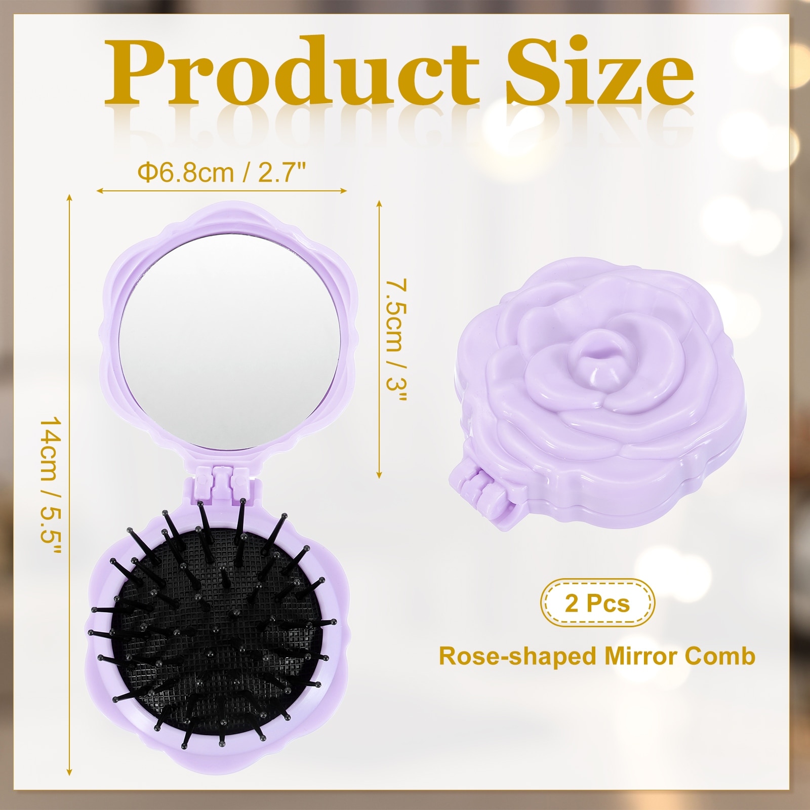Travel Hair Brush with Mirror, Rose Shape Mini Massage Hairbrush Portable Makeup Pocket Folding for Women Girls Gym