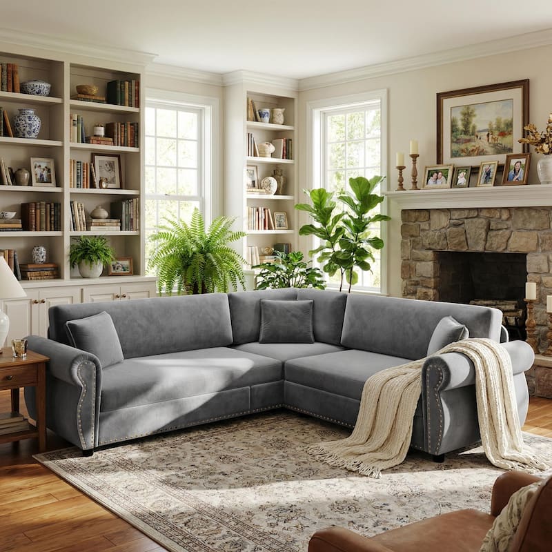 Homy Casa L-Shaped Sectional Sofa w/ Pull-Out Bed, Chenille Sleeper Couch w/ Nailhead Trim & Rolled Arm, Oversize