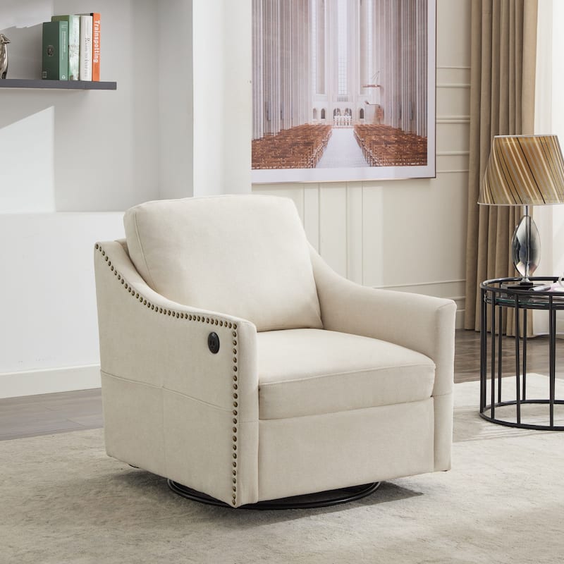 Fabric Swivel Rotating Accent Chair with USB and Side Pocket - Beige