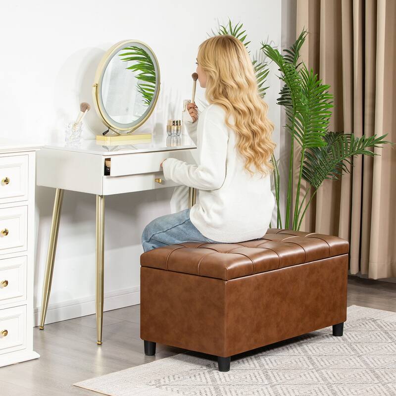 Adeco Rectangular Storage Ottoman Faux Leather Bench Lift-top Footrest