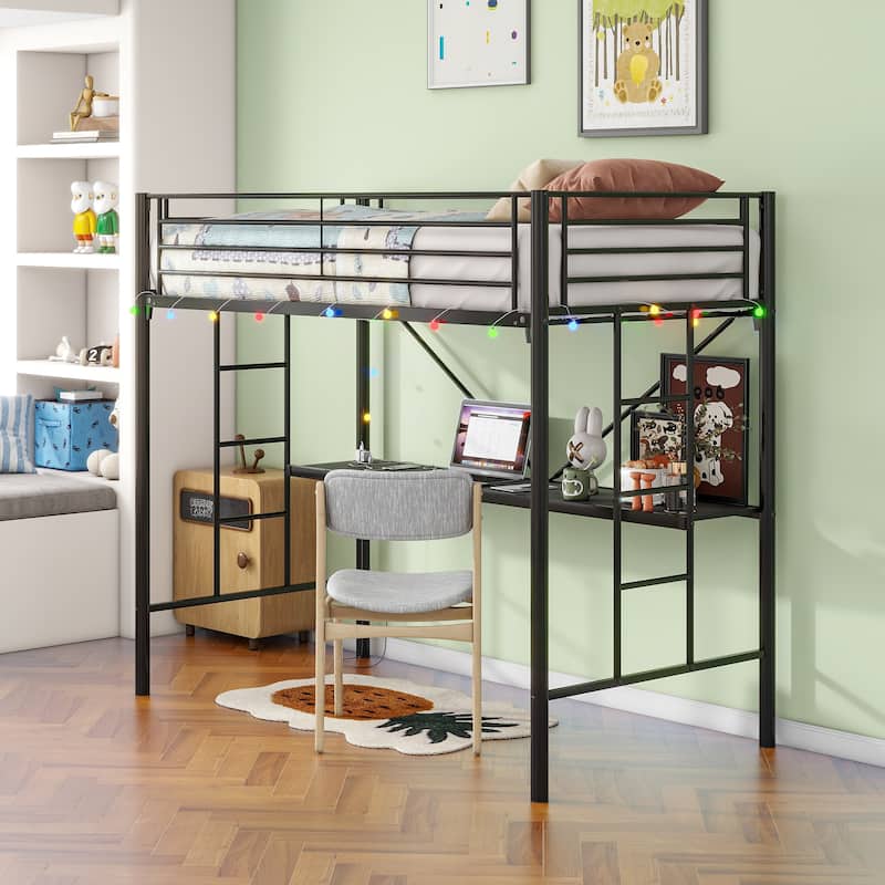 Twin Metal Loft Bed with Built-In Desk, LED Lighting, Power Outlets & USB Ports, Safety Guardrails, Dual Ladders