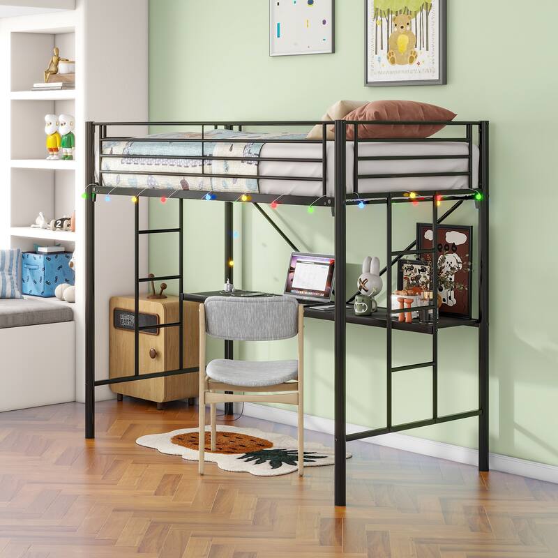 Twin Size Metal Loft Bed with Desk and LED