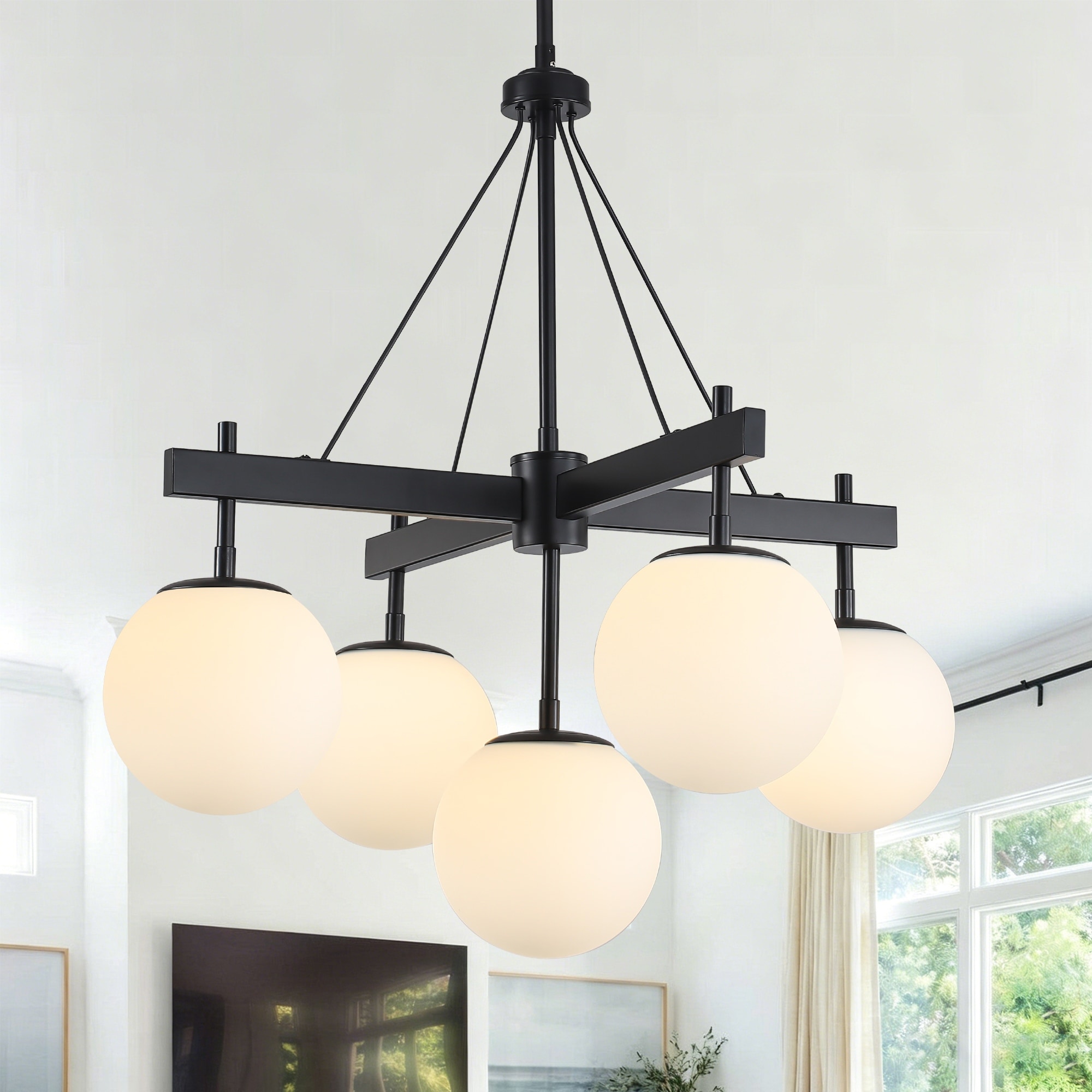 Zjvaive 5-Light Metal Frame Chandelier with Milk White Glass Globe Shades for Living Room