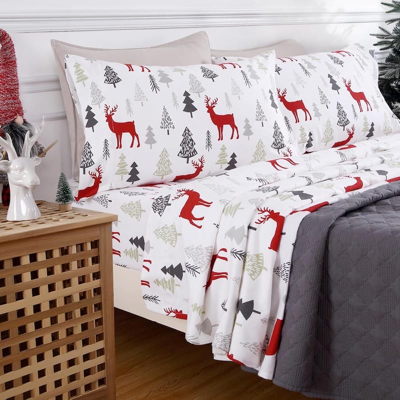 Christmas Red Christmas Reindeer Deer Bed Sheets Set with 16 Inches Deep Pocket - Queen