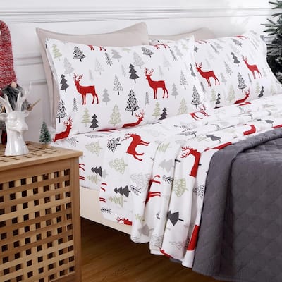 Christmas Red Christmas Reindeer Deer Bed Sheets Set with 16 Inches Deep Pocket