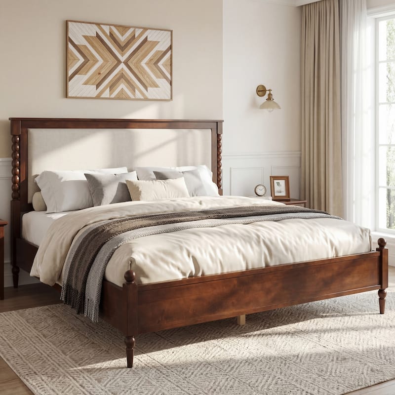 Christopher Knight Home - Traditional Wooden Platform Bed with Upholstered Headboard and Spindle Accent Design