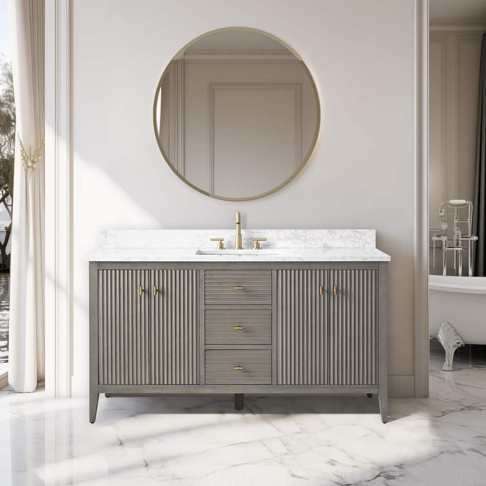 Vanity Art 60" Single Sink Bathroom Vanity Cabinet with Engineered Marble Countertop