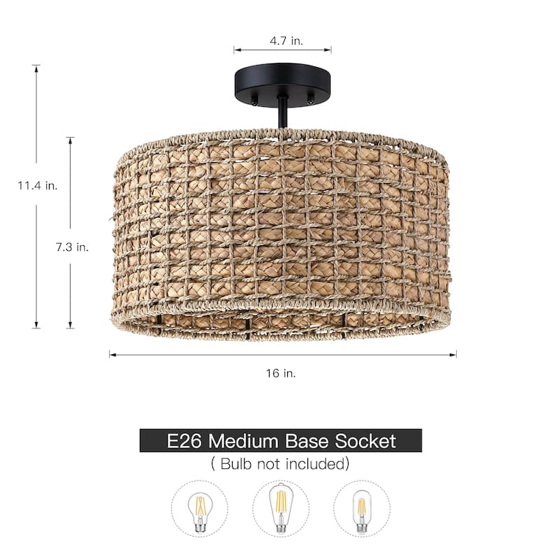 3-Light Rattan Drum Semi-Flush Mount Ceiling Light - 16'' W